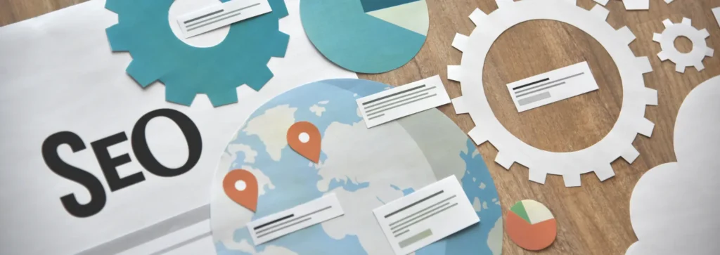 estrategia de agencia de SEO con mapa global y engranajes de optimización web